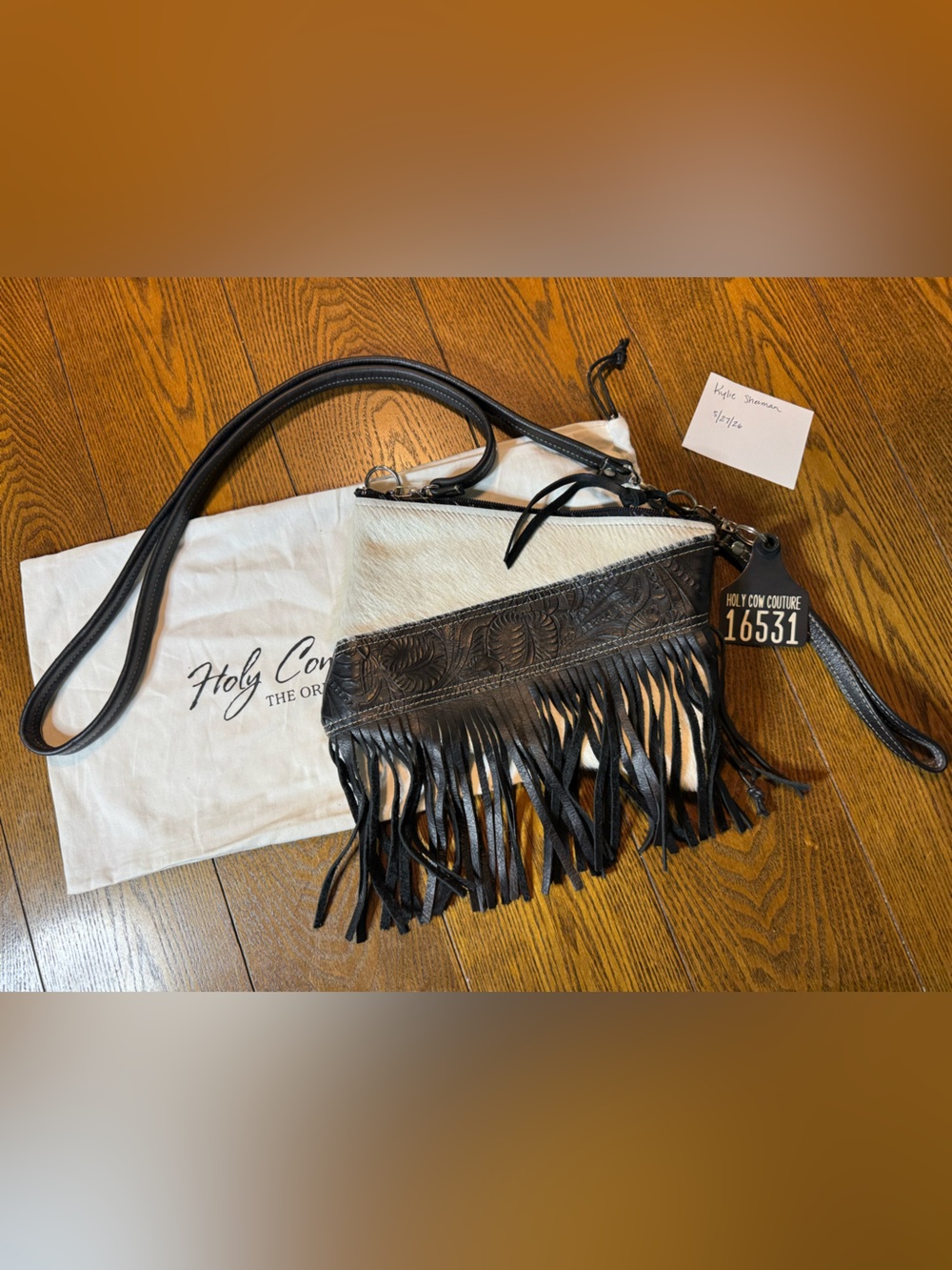 Holy Cow Couture Cowhide Black & Cream Fringe Crossbody #16531